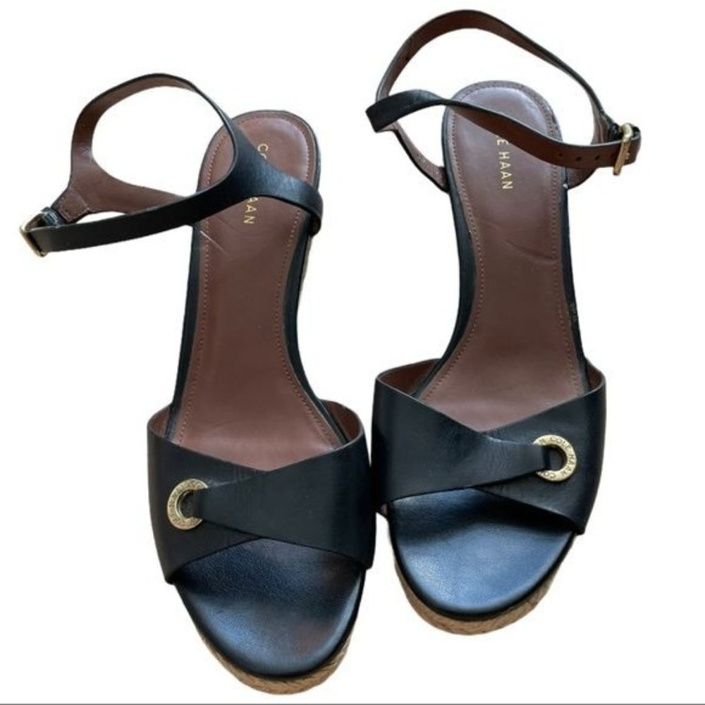 COLE HAAN Arlene Black Leather Wedge Sandal Sz 8.5